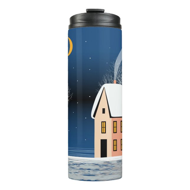 Winternachtslandschaft. Gemütliches Haus, verschie Thermosbecher (Vorderseite)