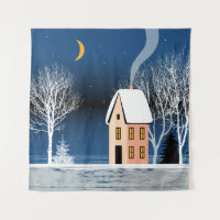 Winternachtslandschaft. Gemütliches Haus, verschie