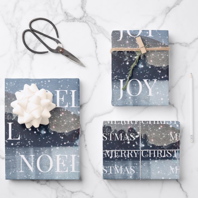 Winternachtsschnee Weihnachten Geschenkpapier Set (Vorderseite)