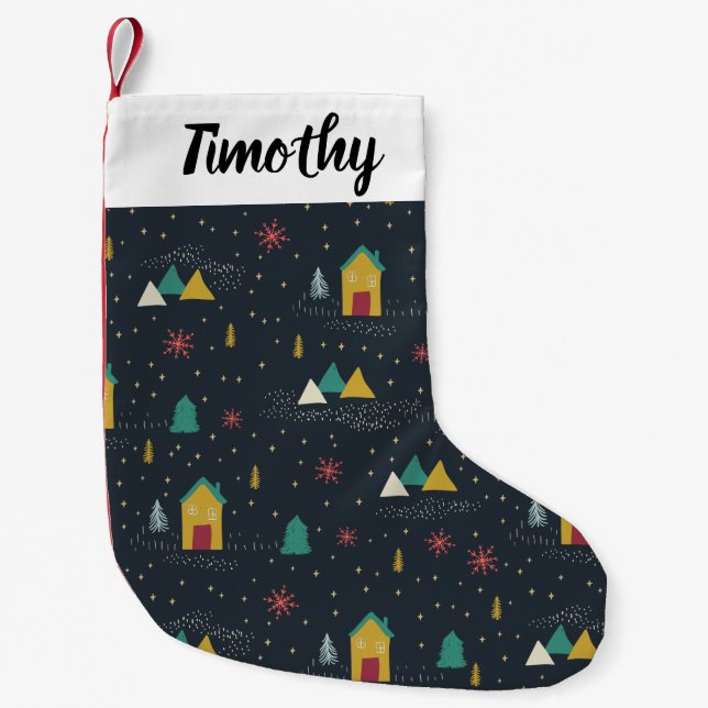 Winternachtsschneeflocken landen auf kleinen Häuse Kleiner Weihnachtsstrumpf (Vorderseite)