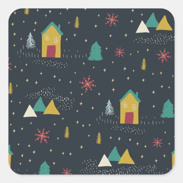 Winternachtsschneeflocken landen auf kleinen Häuse Quadratischer Aufkleber (Vorderseite)