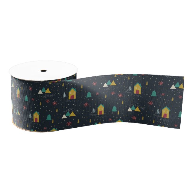 Winternachtsschneeflocken landen auf kleinen Häuse Ripsband (Spule)