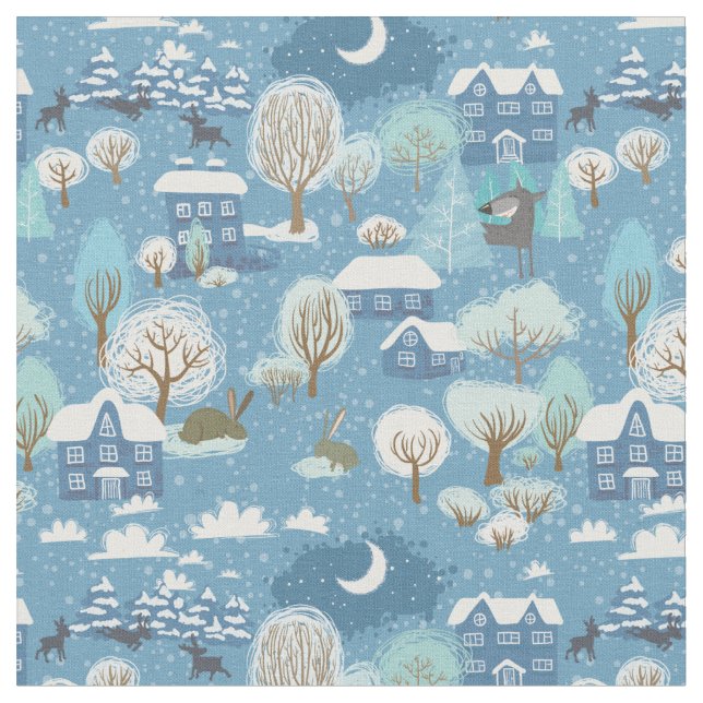 Winternachtszeit Vintage Dorflandschaft Stoff (Nahaufnahme)