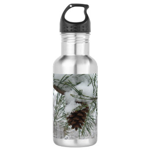 Winternaturfotografie von Snowy Pine Branch Edelstahlflasche