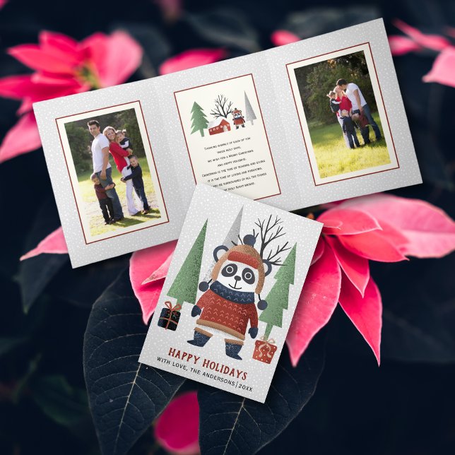 Winterpanda und Bäume Weihnachts-Foto Dreifach Gefaltete Urlaubskarte (Von Creator hochgeladen)