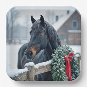 Winterpferd mit Weihnachtskranz Pappteller