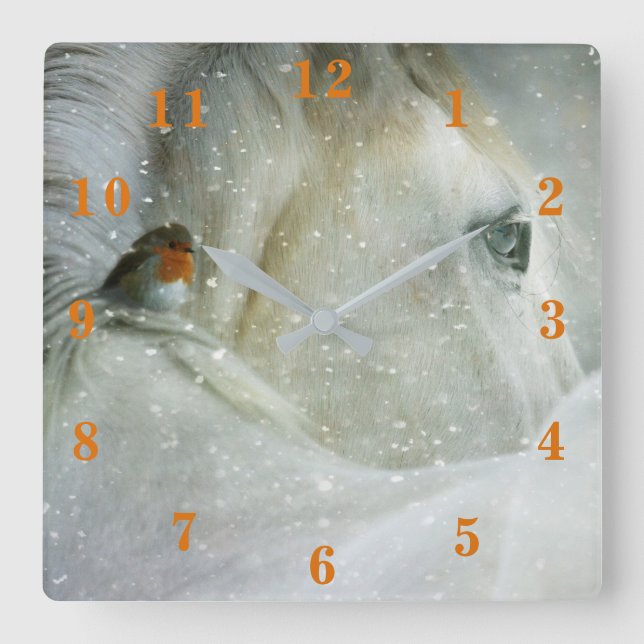 Winterpferd und Robin Quadratische Wanduhr (Vorderseite)