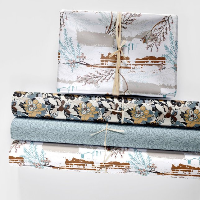 Winterpferde Magnolias Geschenkpapier Set (Winter Horse Farm Magnolias Wrapping Paper Sheets from Jenn Steffen Art for Jenn's Emporium.)