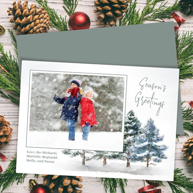 Winterpine-Foto der Jahreszeit Feiertagskarte (Season's Greetings woodland holiday photo card.)