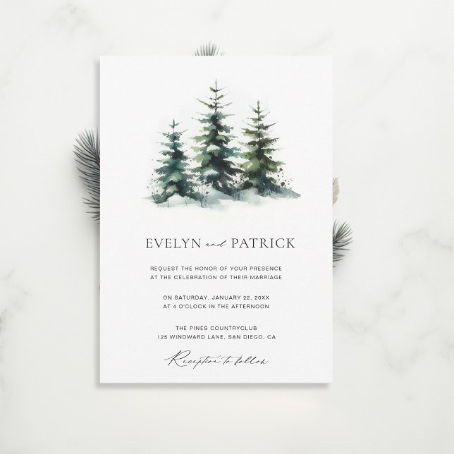 Winterpines Elegante Moderne Minimalistische Hochz Einladung (winter wedding invitation christmas botanical modern sleek pine tree elegant contemporary)