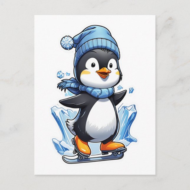 Winterpinguin Eisstockschießen Postkarte (Vorderseite)