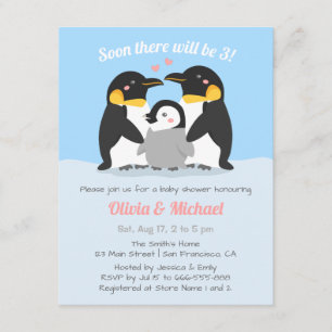Winterpinguin-Familie mit drei Kinderdusche Einladung