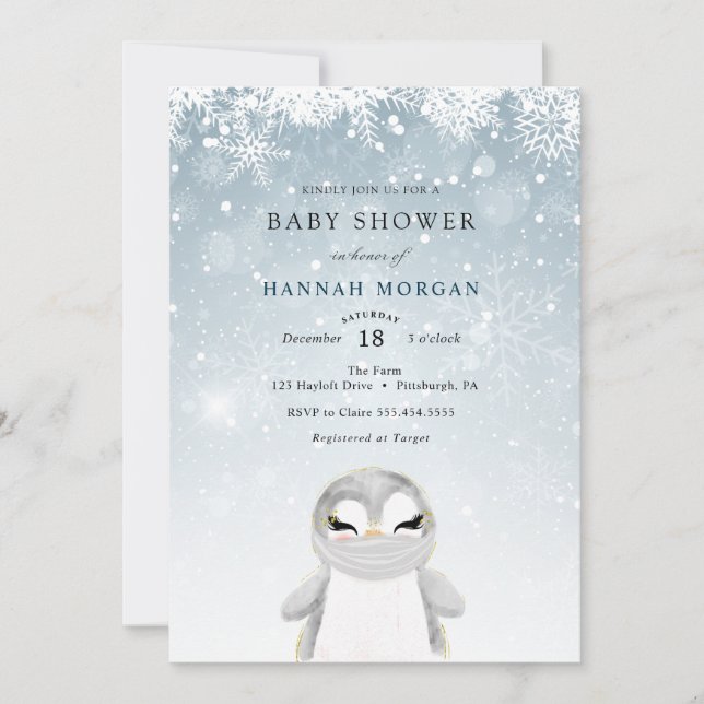 Winterpinguin mit Mask Baby Dusche Einladung (Vorderseite)