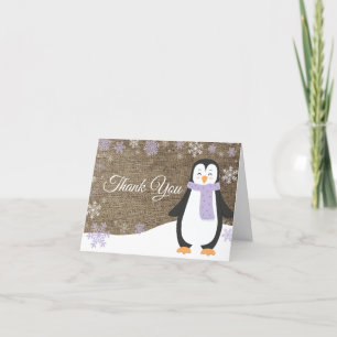 Winterpinguin Snowflake Lila Burlap Dankeskarte