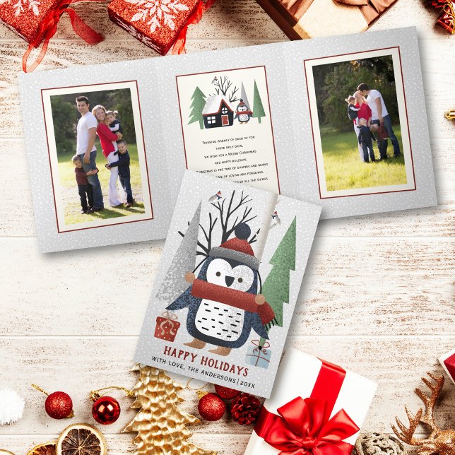 Winterpinguin und Bäume Weihnachten - Foto Dreifach Gefaltete Urlaubskarte (Von Creator hochgeladen)