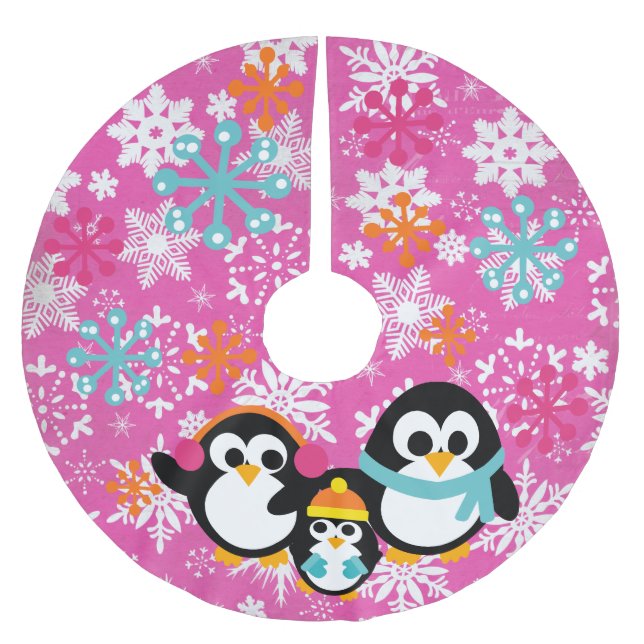 Winterpinguine Hot Pink Tree Skirt Polyester Weihnachtsbaumdecke (Vorderseite)