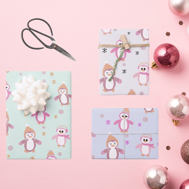Winterpinguinminze pink lila Urlaub Geschenkpapier Set (Von Creator hochgeladen)
