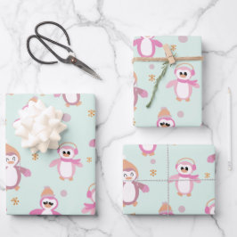 Winterpinguinminze und rosa Urlaub Geschenkpapier Set
