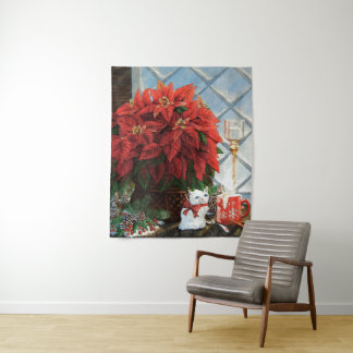 Winterpoinsettia, Keramik Kätzchen, Ei-Nuss aus ro Wandteppich