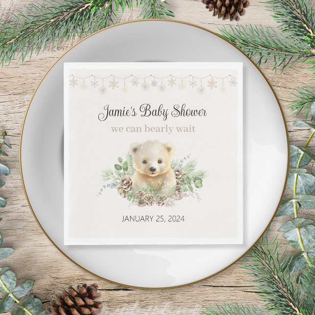 Winterpolarbärengeschlecht - Neutrale Babydusche Serviette (cute cream gender neutral polar bear theme we can bearly wait baby shower napkins personalized)