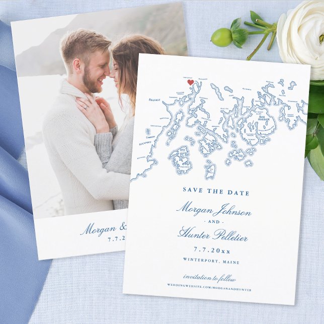Winterport Maine Map Navy Blue Foto Save The Date (Winterport Maine Wedding Save the Date with Photo in elegant navy blue from Coastal Map Designs)