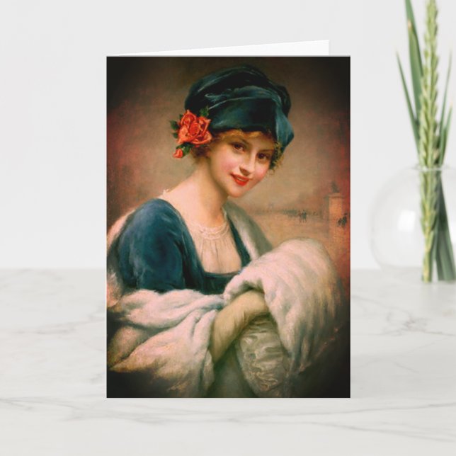Winterporträt einer Vintagen Pelzfrau Karte (Vorderseite)