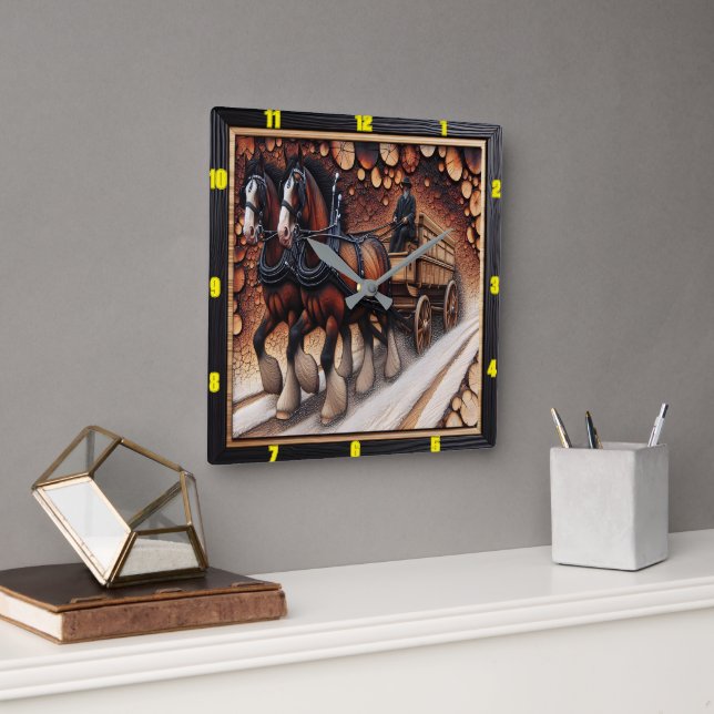 Winterreise Charred Wood Clydesdale Masterpiece Quadratische Wanduhr (Büro)