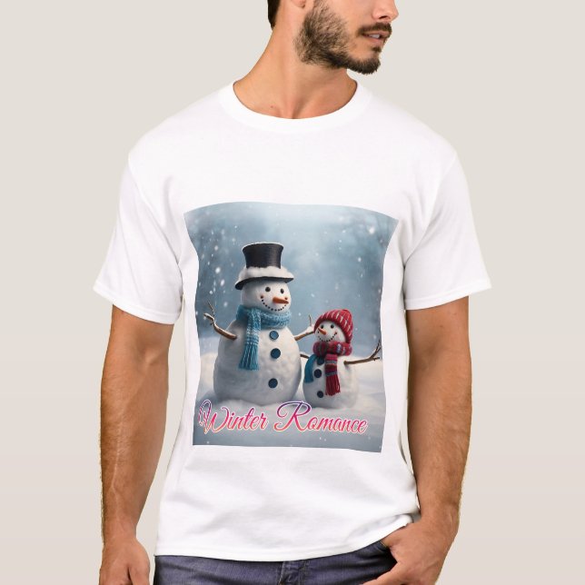 Winterromantik: Niedliches Couple Snowman T-Shirt (Vorderseite)