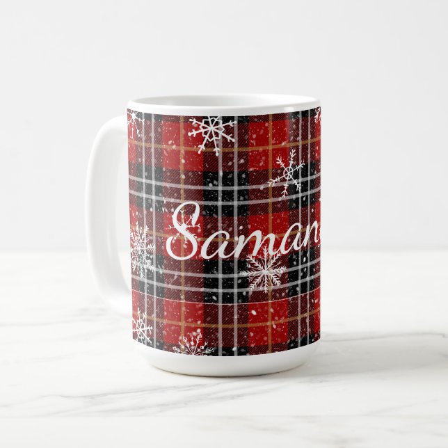Winterrot Karierter Schneeflocken Personalisiert Kaffeetasse (Vorderseite Links)