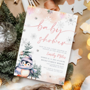 Winterröte und rosa Pinguindusche Einladung