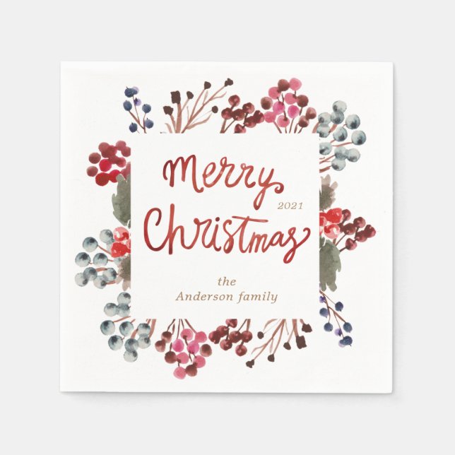 Winterroter Beeren Frohe Weihnachten Serviette (Vorderseite)