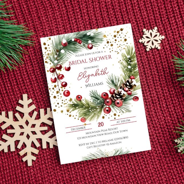 Winterrotes Brautparty Einladung (Winter bridal shower editable template invitation digital download watercolor pine red berry wreath)