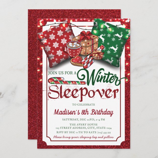 Winterruhe Geburtstagsparty Roter Glitzer Einladung (Vorne/Hinten)