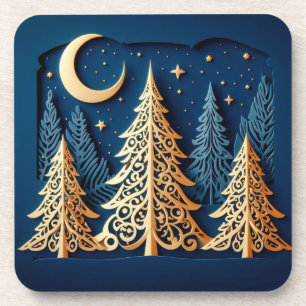 Winter's Gold Papercut – Weihnachtsbäume Szene Getränkeuntersetzer
