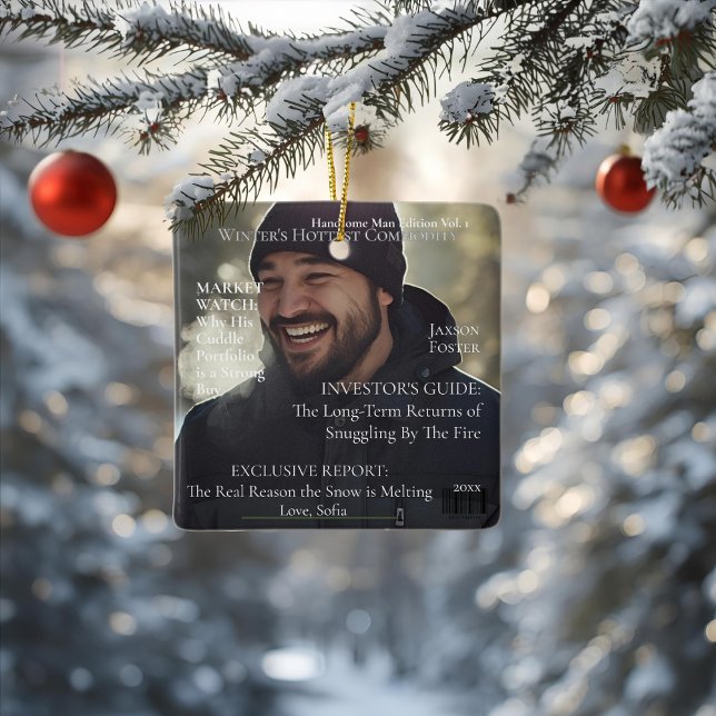 Winter's Hottest Commodity magazine husband Keramikornament (Professional product mockup, front-view of a square ceramic 'Winter's Hottest Commodity' ornament wi)