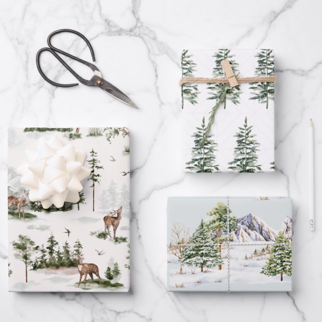 Winterscape Tree Mountains Weihnachtsfeiertag Geschenkpapier Set (Vorderseite)