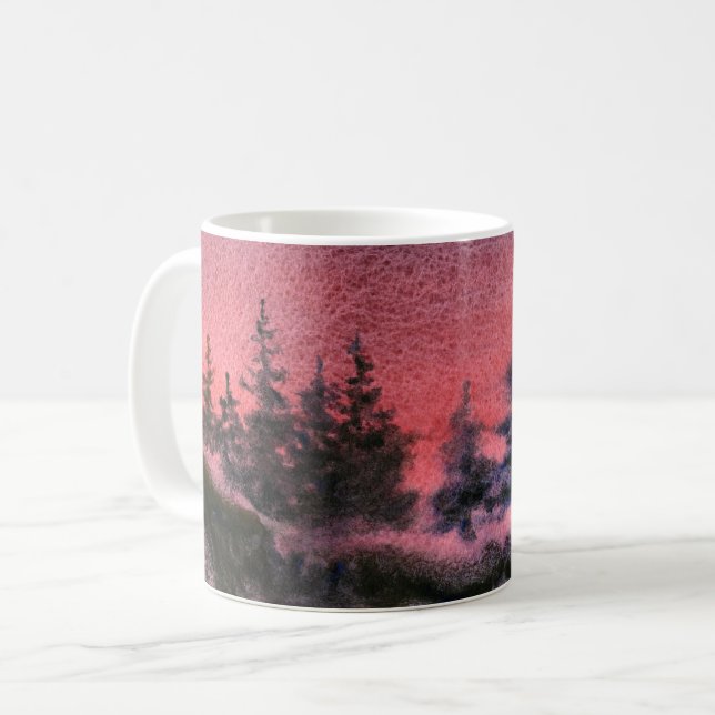 Winterschnee bedeckte Kiefern Roter Sonnenuntergan Tasse (Vorderseite Links)