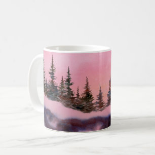 Winterschnee bedeckte Kiefernäste rosa Sonnenaufga Tasse