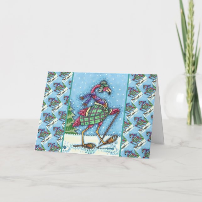 WINTERSCHNEE & COAT PINK FLAMINGO TREKKING FEIERTAGSKARTE (Vorderseite)