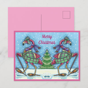 WINTERSCHNEE & COAT PINK FLAMINGO TREKKING FEIERTAGSPOSTKARTE