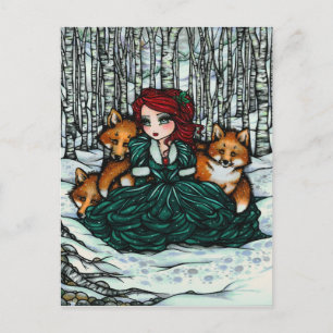 Winterschnee Foxes Forest Girl Fantasy Kunst, Dich Postkarte