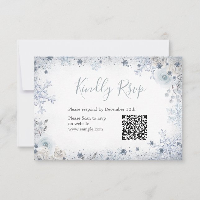 Winterschnee in Liebe Snowflake Bridal QR Rsvp Car Dankeskarte (Vorderseite)