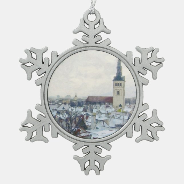 Winterschnee in Tallinn - Weihnachten in Estland Schneeflocken Zinn-Ornament (Vorderseite)