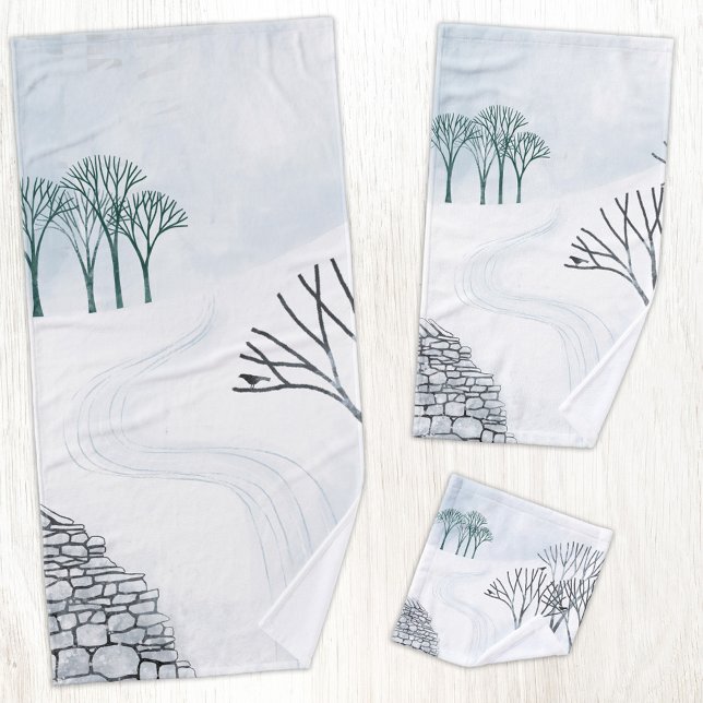 Winterschnee Landschaft Kunst Badhandtuch Set (Winter landscape art with trees birds and dry stone wall art bathroom towel set)