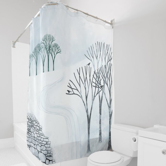Winterschnee Landschaft Kunst Duschvorhang (Winter landscape scene trees and snow art shower curtain)