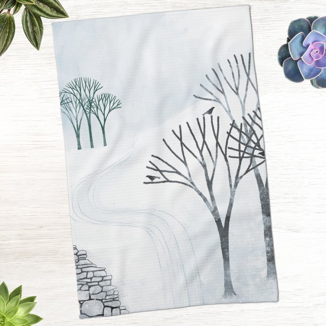 Winterschnee Landschaft Kunst Geschirrtuch (Winter landscape art kitchen tea towel)