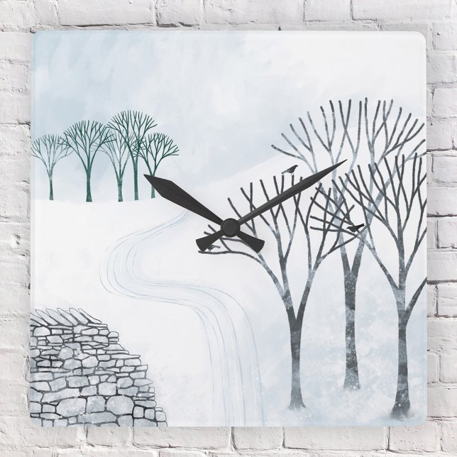 Winterschnee Landschaftsbild Malerei Quadratische Wanduhr (Snowy winter landscape with trees and wall art wall clock)