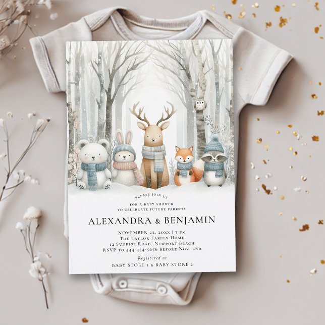 Winterschnee Niedliche Waldtiere Kinderdusche Einladung (winter baby shower invitation neutral white wonderland enchanted forest woodland animals coed cute)