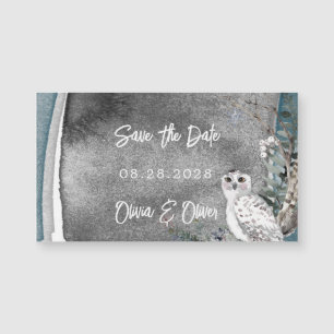 Winterschnee-Owl-Farbe Hochzeit retten das Datum Magnetkarte