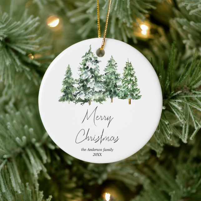 Winterschnee Pinienbäume Wasserfarben Frohe Weihna Keramik Ornament (Baum)